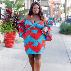 African Print Off-shoulder Puffy Sleeve Mini Dress